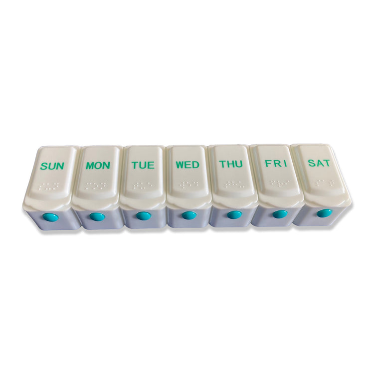 Jumbo push button 7 day pillbox with braille